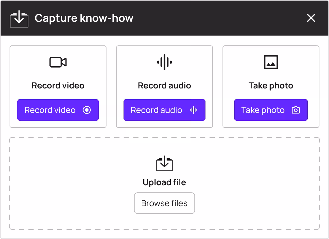 Capture — Your experts record what they know the low-friction way: voice, video, screen, or templates. No authoring burden, no blank page