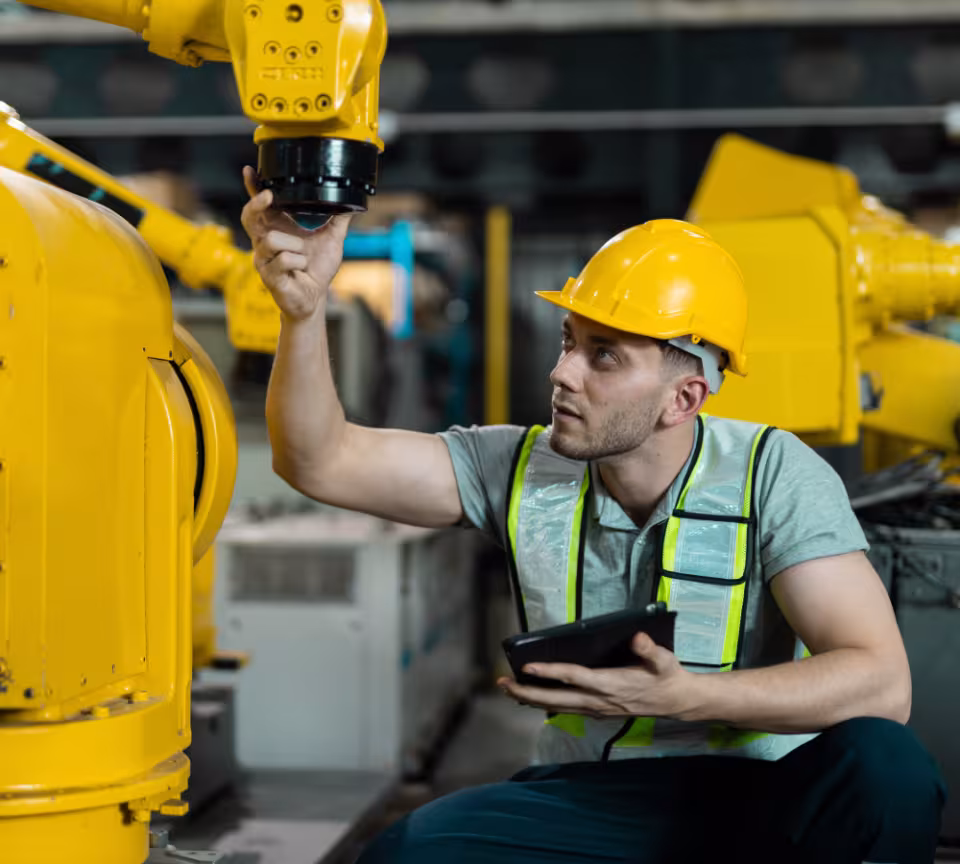Technician inspecting an industrial robot while using a tablet