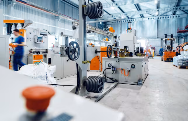 Industrial production floor with manufacturing machinery